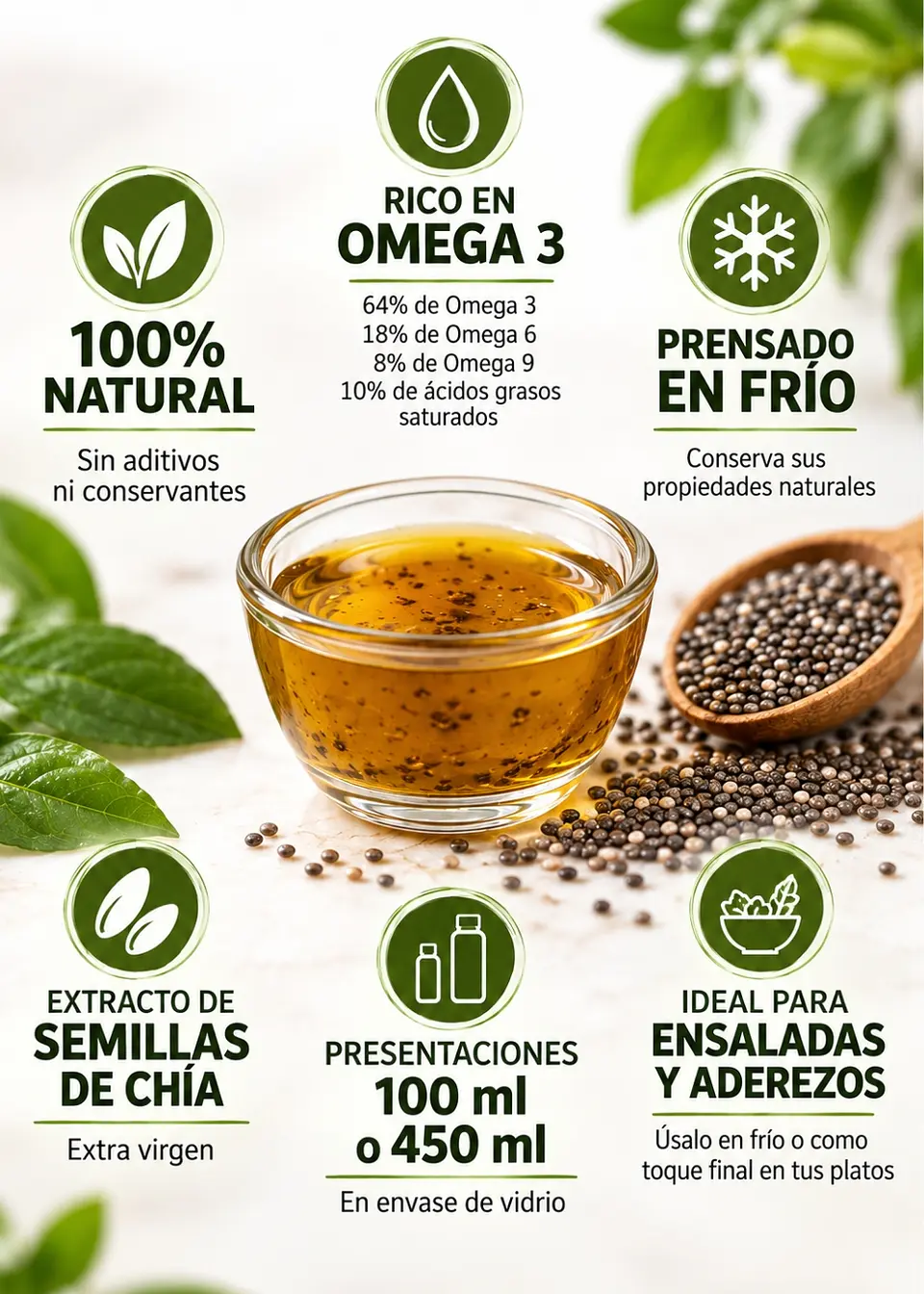 Óleo Seeds Aceite de Chía Extra Virgen 450 ml | Prensado en frío | 100% natural | Omega 3 | Colombia 2