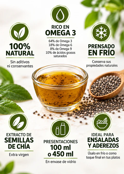 Óleo Seeds Aceite de Chía Extra Virgen 100 ml | Prensado en frío | Omega 3 | Colombia