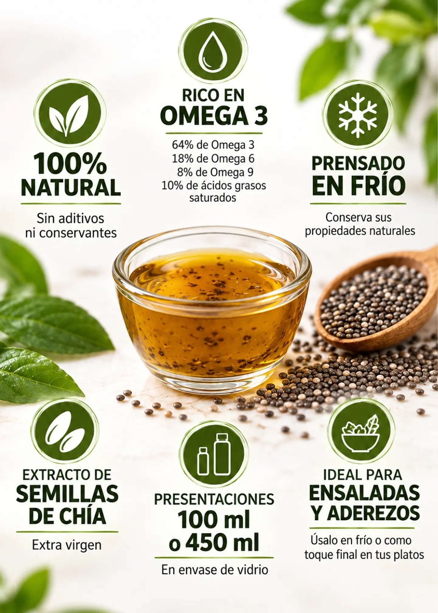 Óleo Seeds Aceite de Chía Extra Virgen 100 ml | Prensado en frío | Omega 3 | Colombia 2