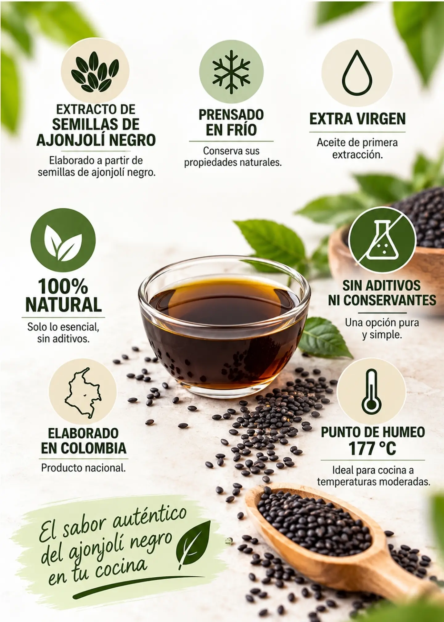 Óleo Seeds Aceite de Ajonjolí Negro Extra Virgen 450 ml | Prensado en frío | 100% natural | Sin aditivos ni conservantes | Colombia 2