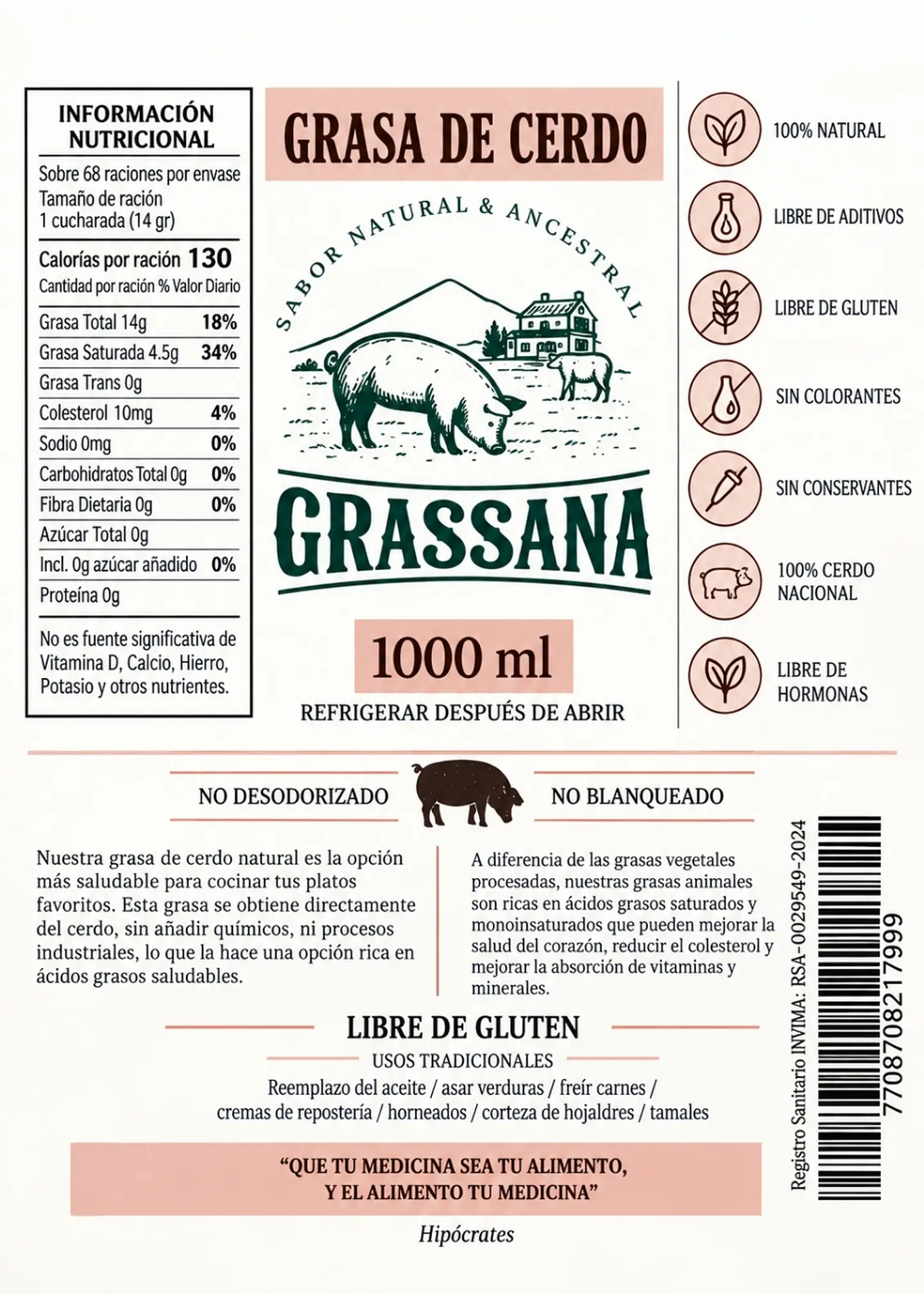Grassana Grasa de Cerdo Ancestral 1000 ml | Manteca de Cerdo | 0 g Grasas Trans | Alta Resistencia al Calor | Colombia 3