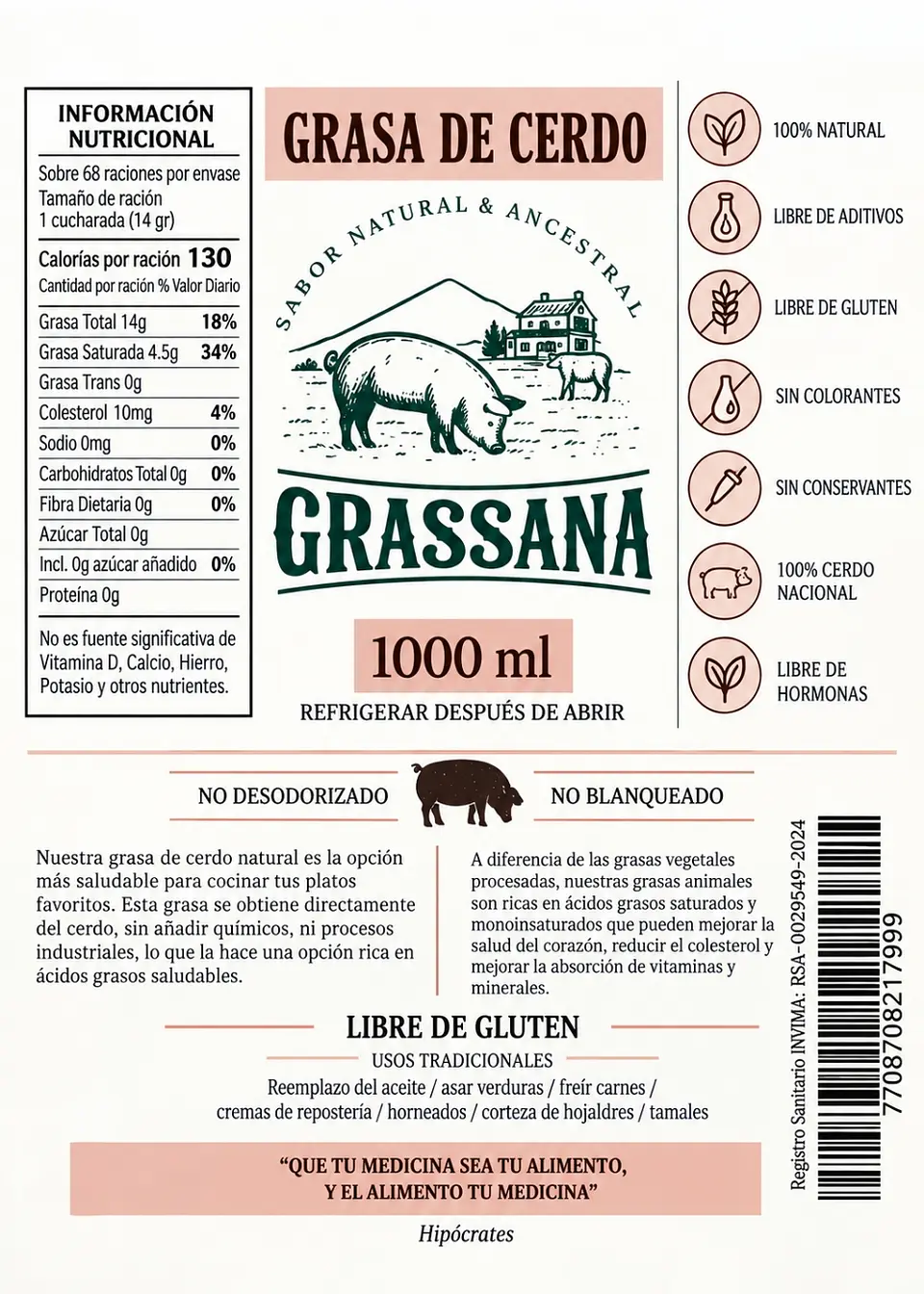 Grassana Grasa de Cerdo Ancestral 1000 ml | Manteca de Cerdo | 0 g Grasas Trans | Alta Resistencia al Calor | Colombia 3