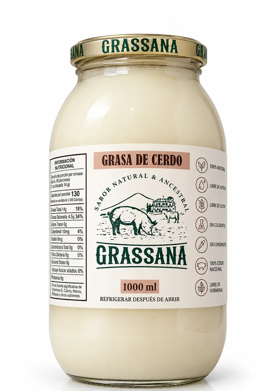 Grassana Grasa de Cerdo Ancestral 1000 ml | Manteca de Cerdo | 0 g Grasas Trans | Alta Resistencia al Calor | Colombia 1