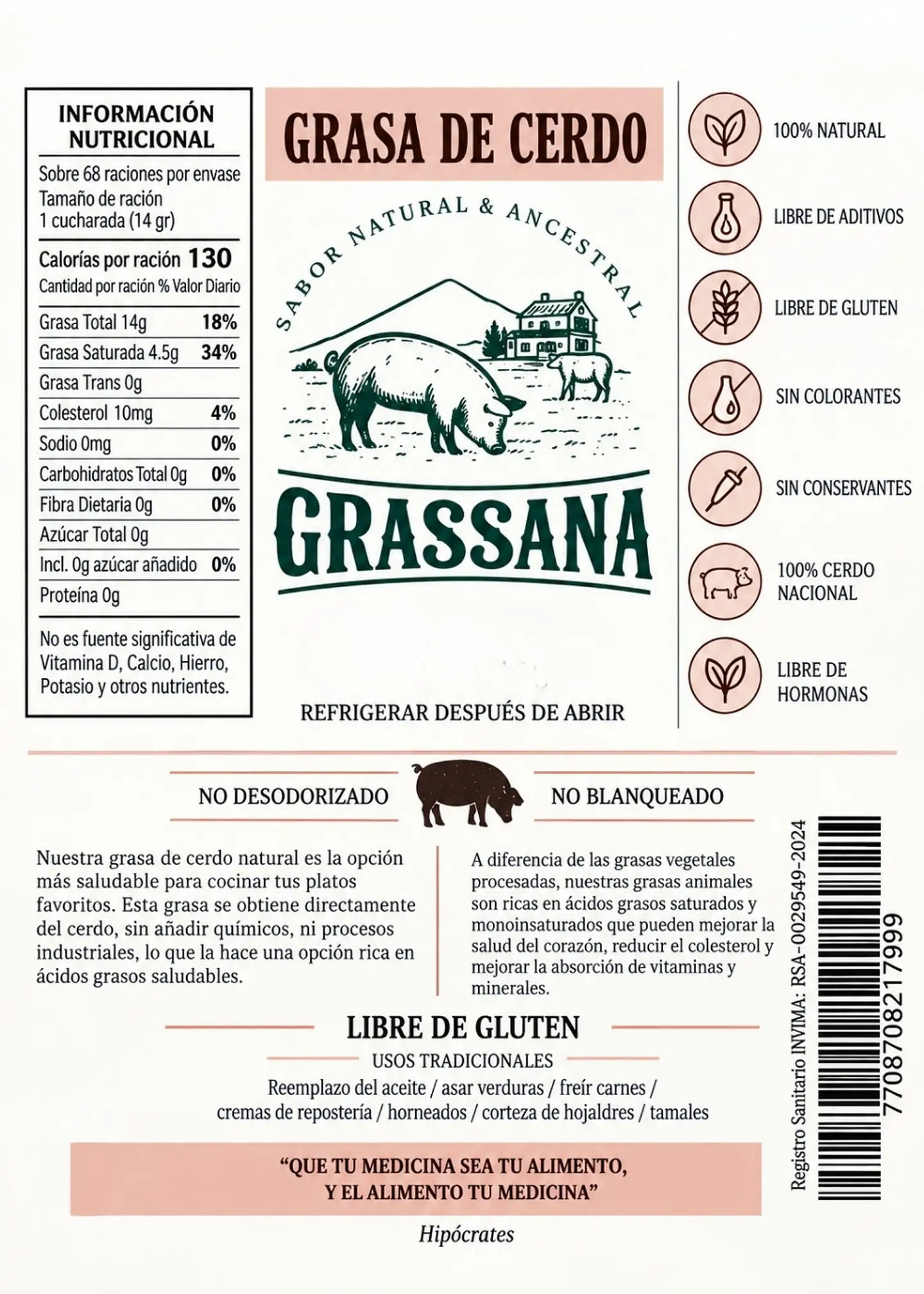 Grassana Grasa de Cerdo Ancestral 500 ml | Manteca de Cerdo | 0 g Grasas Trans | Alta Resistencia al Calor | Colombia 3