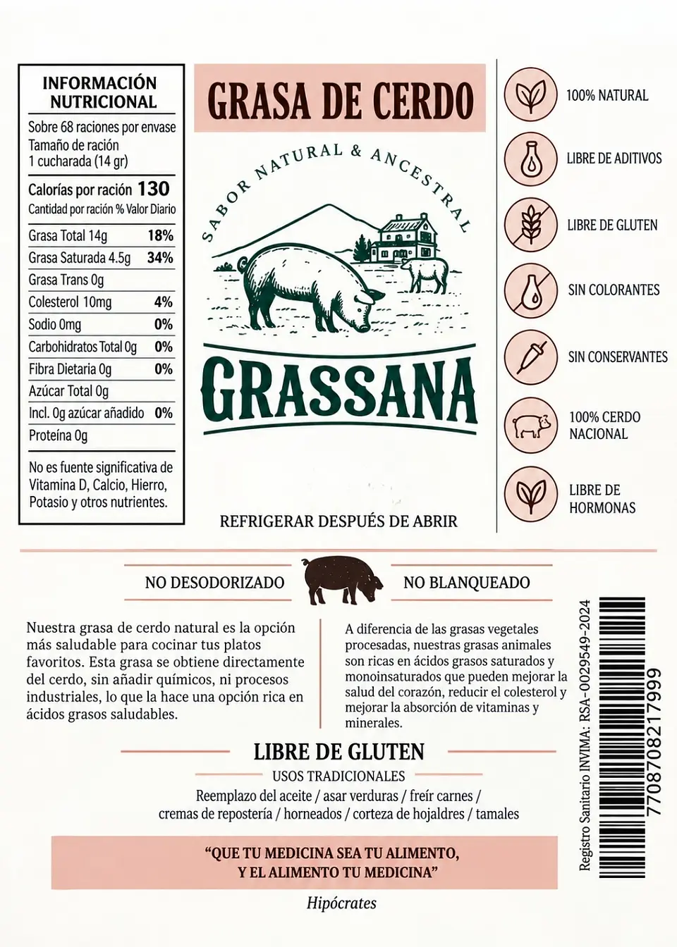 Grassana Grasa de Cerdo Ancestral 500 ml | Manteca de Cerdo | 0 g Grasas Trans | Alta Resistencia al Calor | Colombia 3