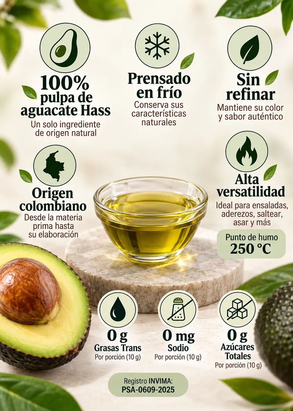 Aceite de Aguacate Grassana Extra Virgen 300 ml | 100% Pulpa Hass | Prensado en Frío | Sin Refinar | Colombiano 2