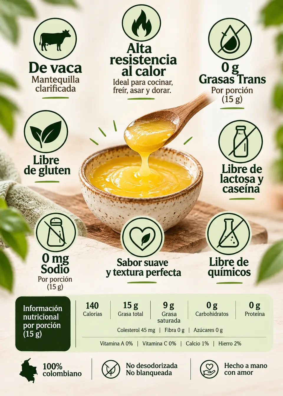 Ghee Grassana de Vaca 500 ml | Mantequilla Clarificada | 0 g Grasas Trans | Alta Resistencia al Calor | Colombia 2