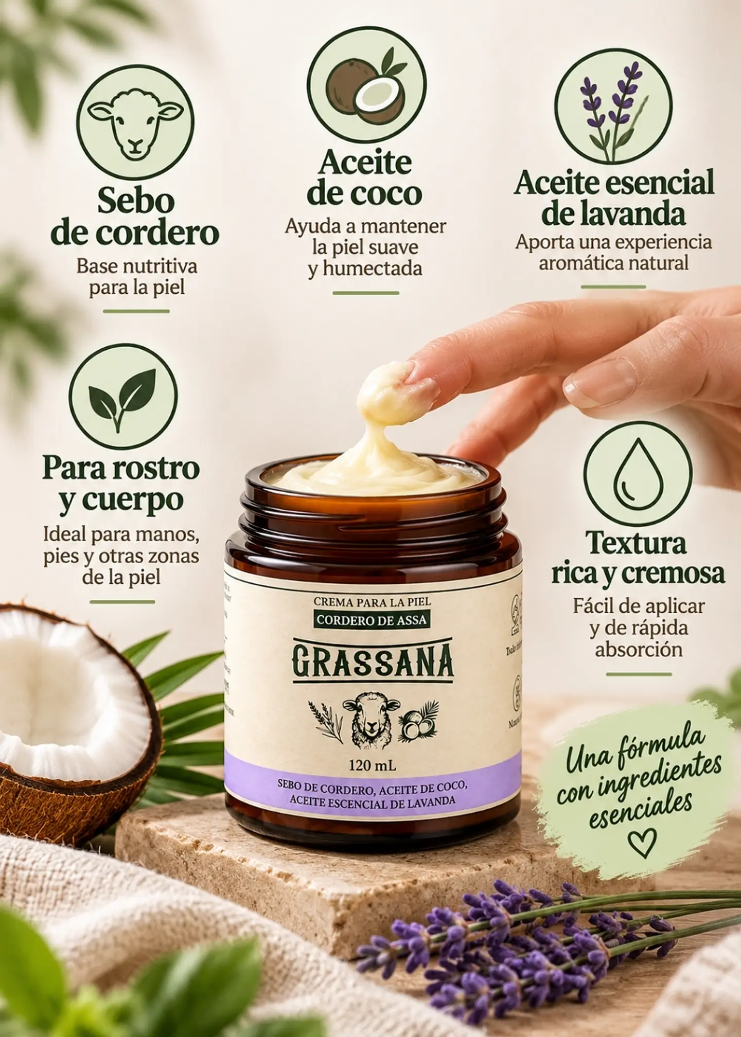 Cordero de Assa Grassana crema de sebo de cordero 120 ml | Aceite de coco y lavanda | Rostro y cuerpo | Colombia 2