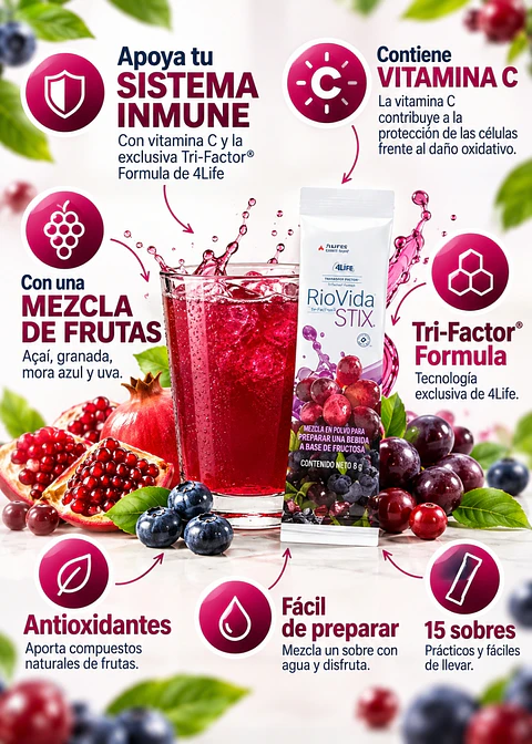 4Life RioVida STIX™ Tri-Factor® Formula x 15 sobres | Açaí, granada, mora azul y uva | Vitamina C y antioxidantes | Importado de EE. UU. | Colombia