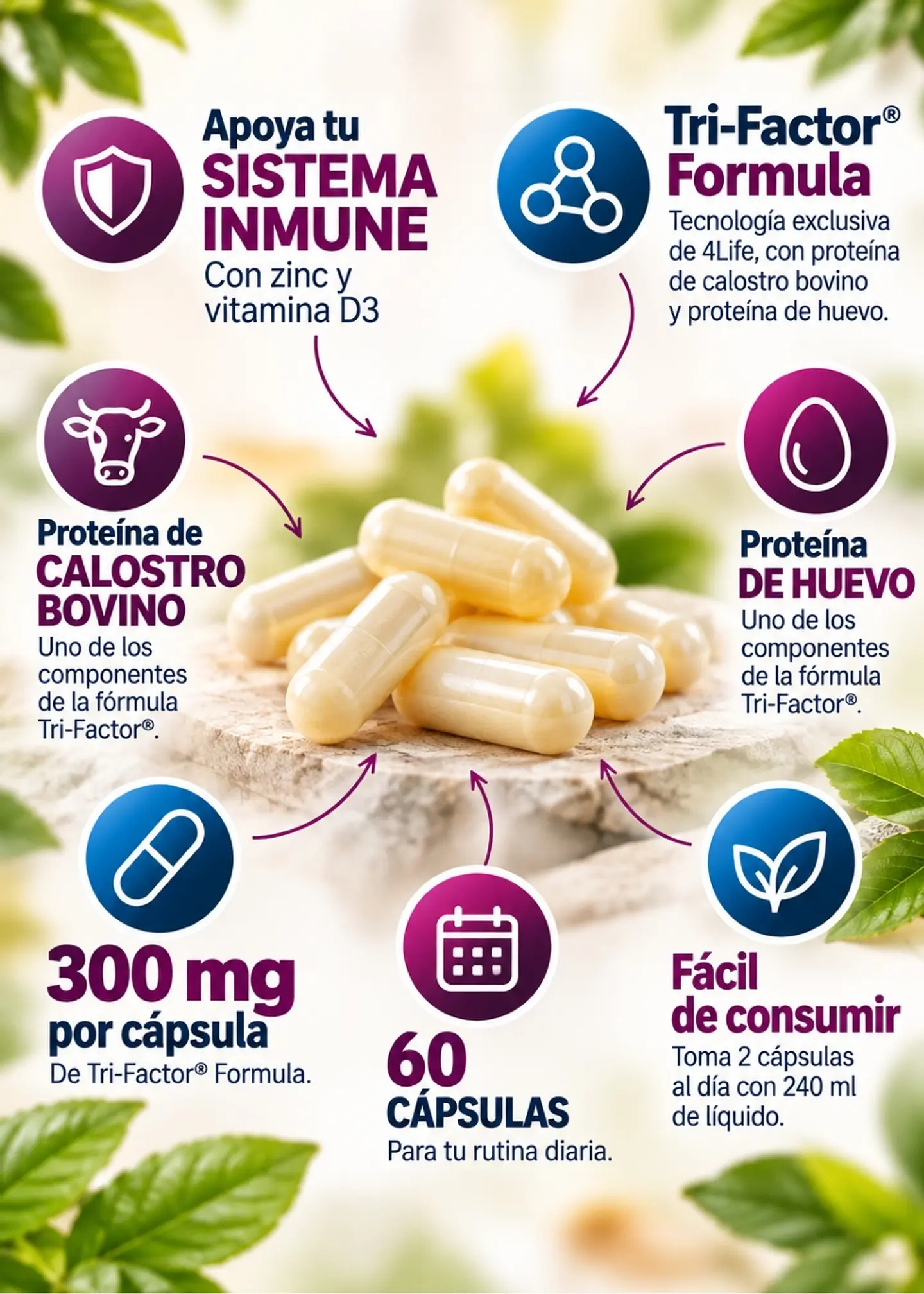 4Life Transfer Factor® Tri-Factor® Formula 60 cápsulas | 300 mg por cápsula | Calostro bovino y huevo| Importado EE.UU. | Colombia 2