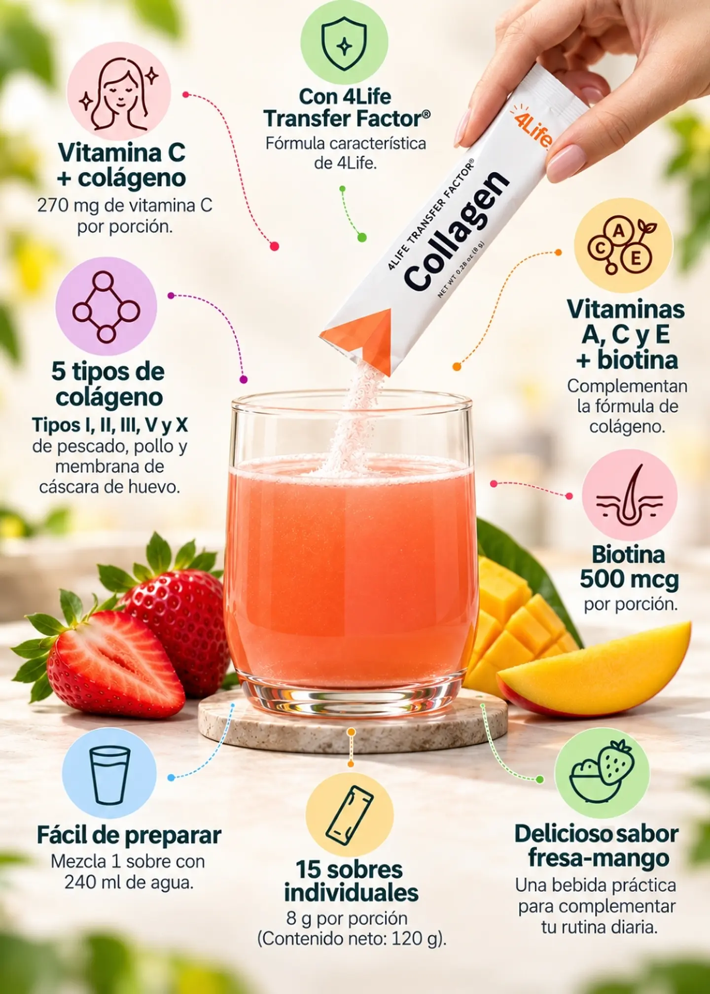 4Life Transfer Factor Collagen x 15 sobres | Colágeno tipos I, II, III, V y X | 120g | Importado EE.UU.  | Colombia 2