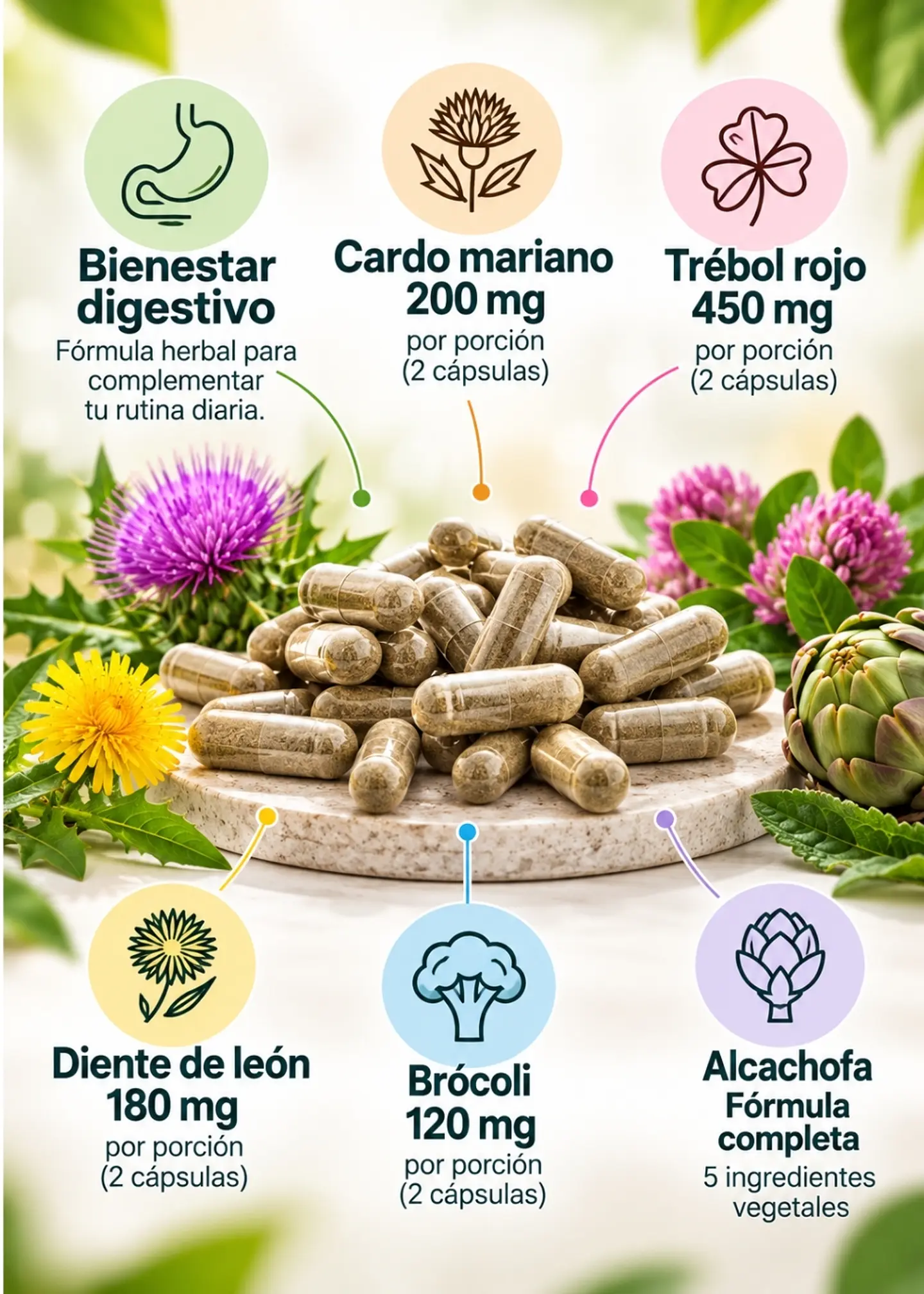 4Life LivRite® 60 cápsulas | Cardo mariano, diente de león, trébol rojo, brócoli y alcachofa | Bienestar digestivo | Importado EE.UU. | Colombia 2
