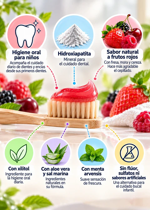 Denti Essence Crema Dental Natural para Niños 80 g | Hidroxiapatita y Xilitol | Sin Flúor | Sabor Frutos Rojos | Colombia
