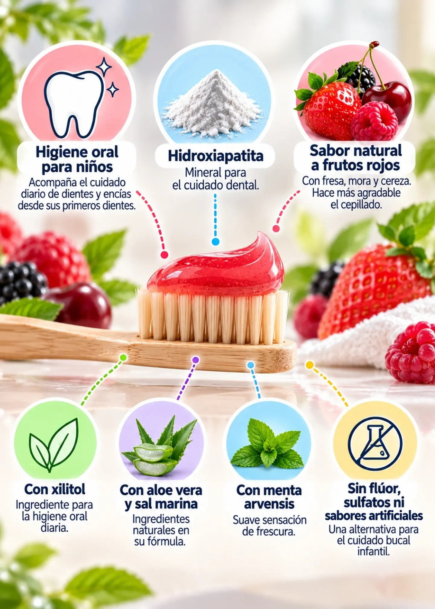 Denti Essence Crema Dental Natural para Niños 80 g | Hidroxiapatita y Xilitol | Sin Flúor | Sabor Frutos Rojos | Colombia 2