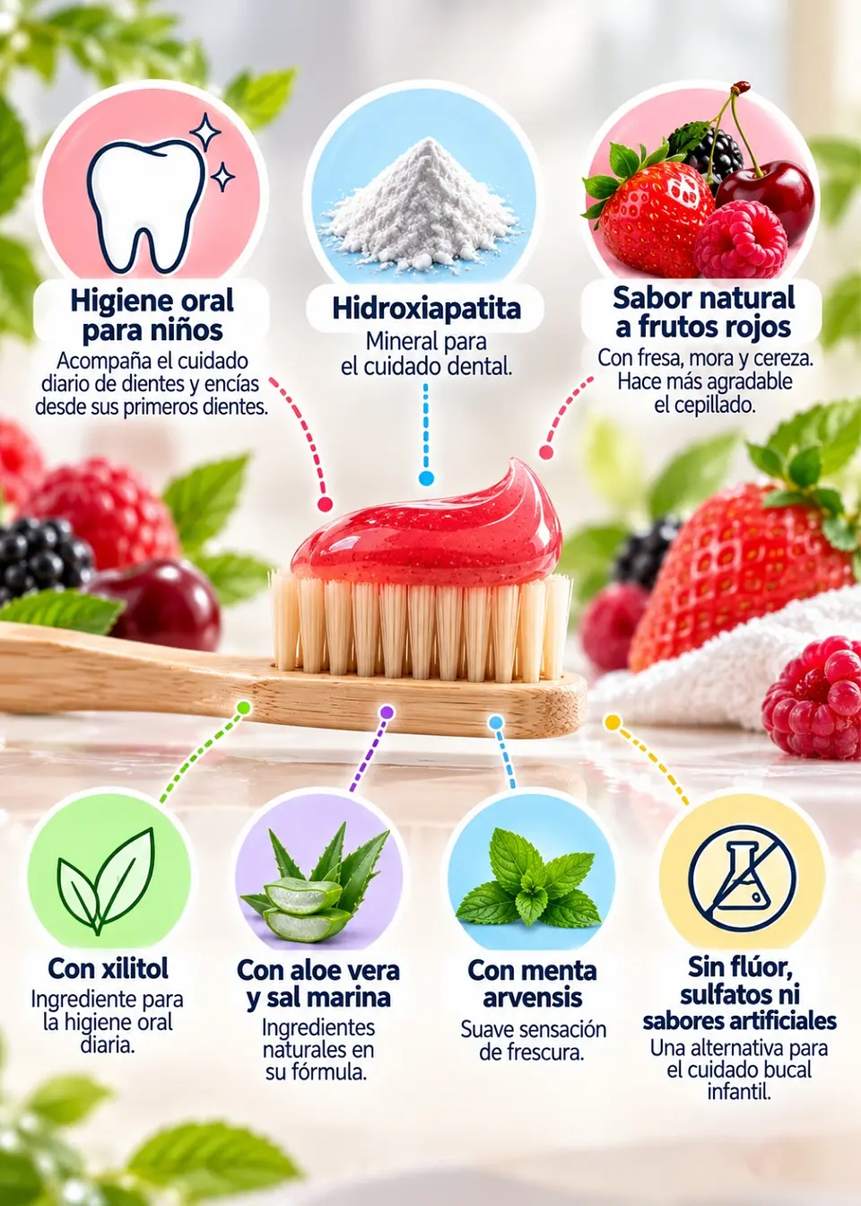 Denti Essence Crema Dental Natural para Niños 80 g | Hidroxiapatita y Xilitol | Sin Flúor | Sabor Frutos Rojos | Colombia 2