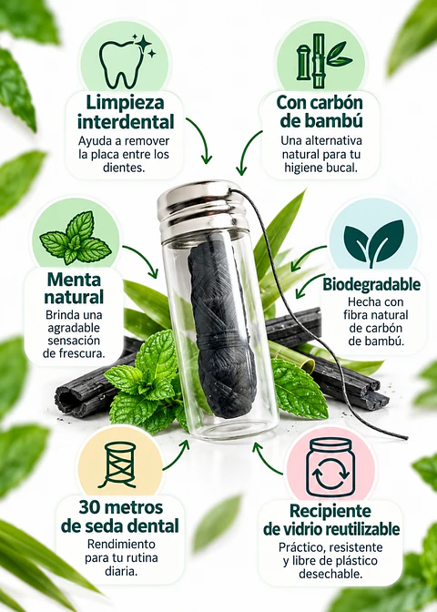 Seda Dental Biodegradable con Carbón de Bambú y Menta Natural 30 m | Limpieza Interdental | Recipiente de Vidrio