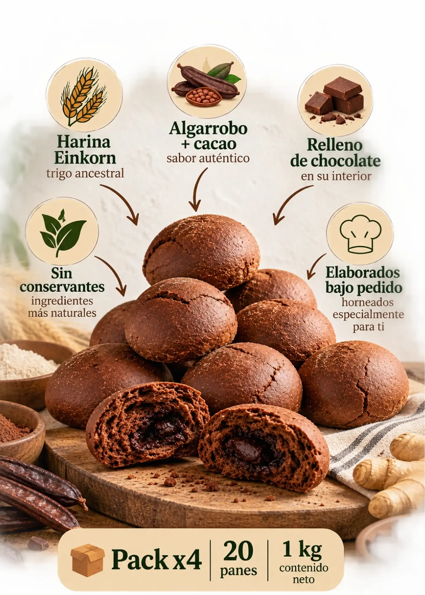 Pack x4 | 20 Panes Artesanales de Einkorn, Algarrobo, Cacao y Jengibre | Relleno de Chocolate | Sin Conservantes | 1 kg 3