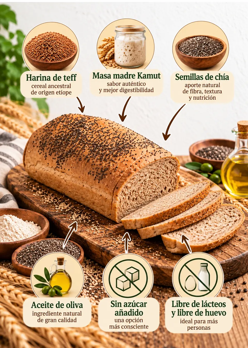 Pan Natural de Teff Tajado 600 g | 22 unidades | Masa madre Kamut, chía y aceite de oliva 3