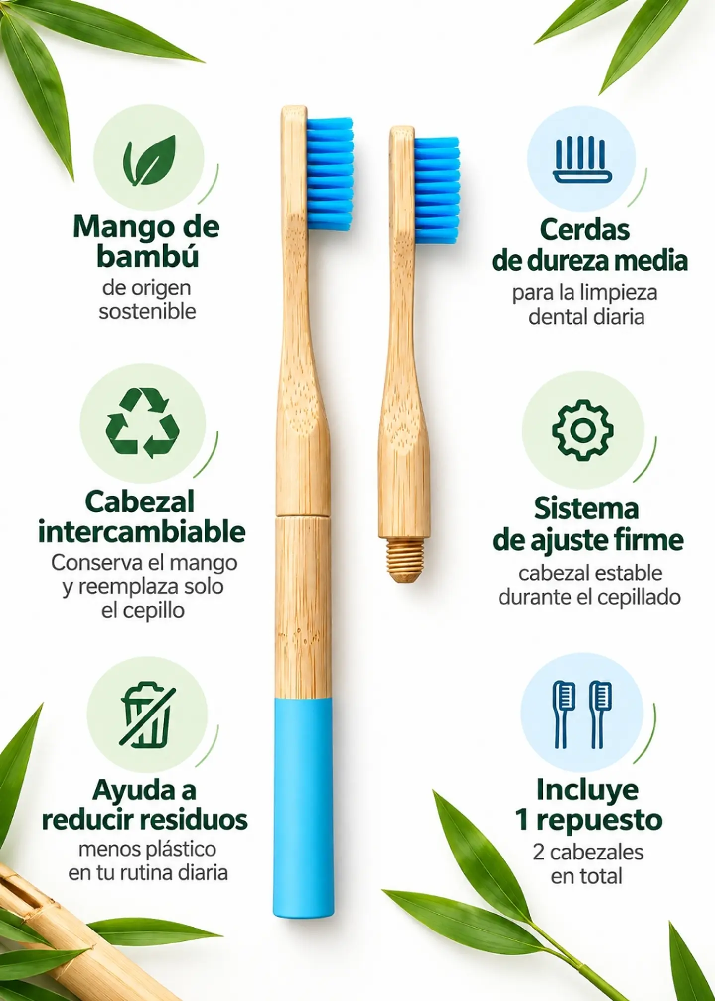 Cepillo Dental de Bambú Intercambiable Hooli | Mango Reutilizable + 1 Cabezal de Repuesto | Cuidado Bucal 2