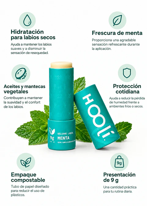 Hooli Bálsamo Labial Natural de Menta 9 g | Hidratación y suavidad para labios secos