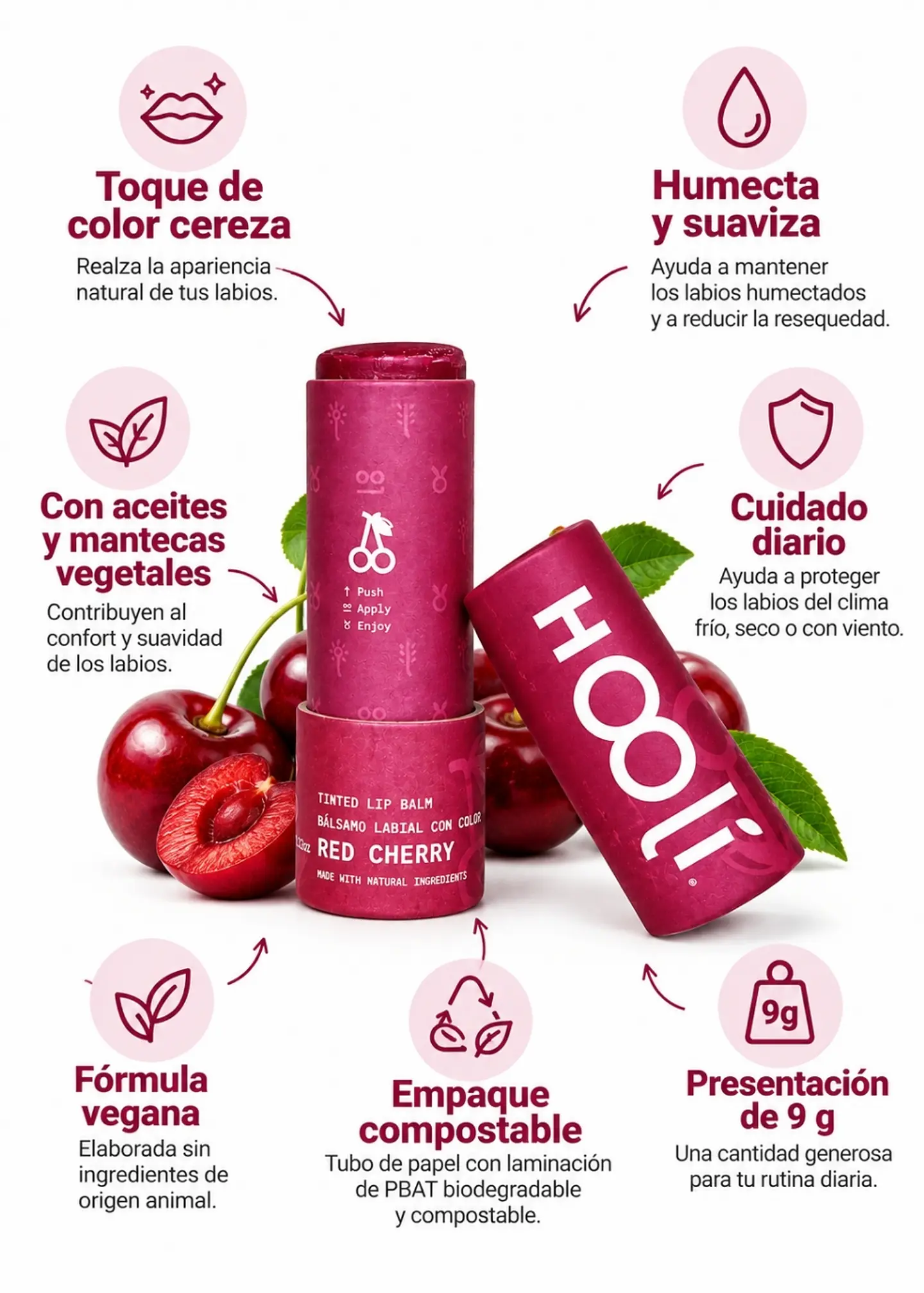 Hooli Bálsamo Labial con Color Cereza 9 g | Humectación, suavidad y toque de color 2