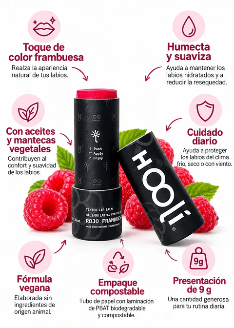 Hooli Bálsamo Labial con Color Frambuesa 9 g | Humectante, Vegano y Empaque Compostable