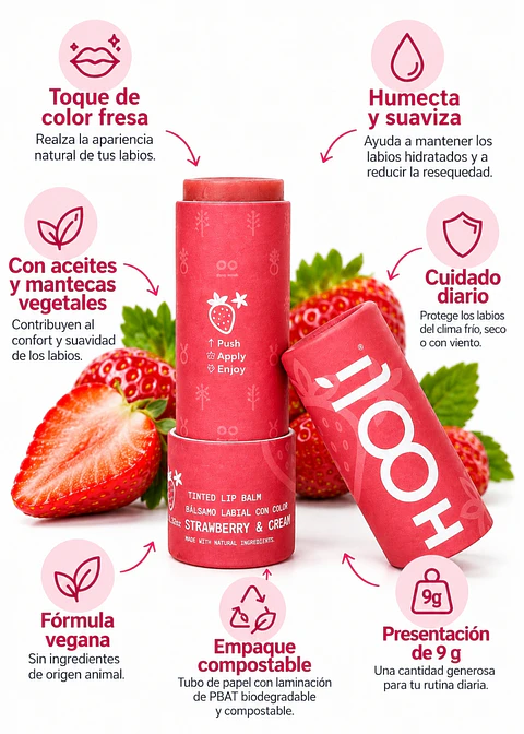 Hooli Bálsamo Labial con Color Fresa 9 g | Humectante, Vegano y Empaque Compostable