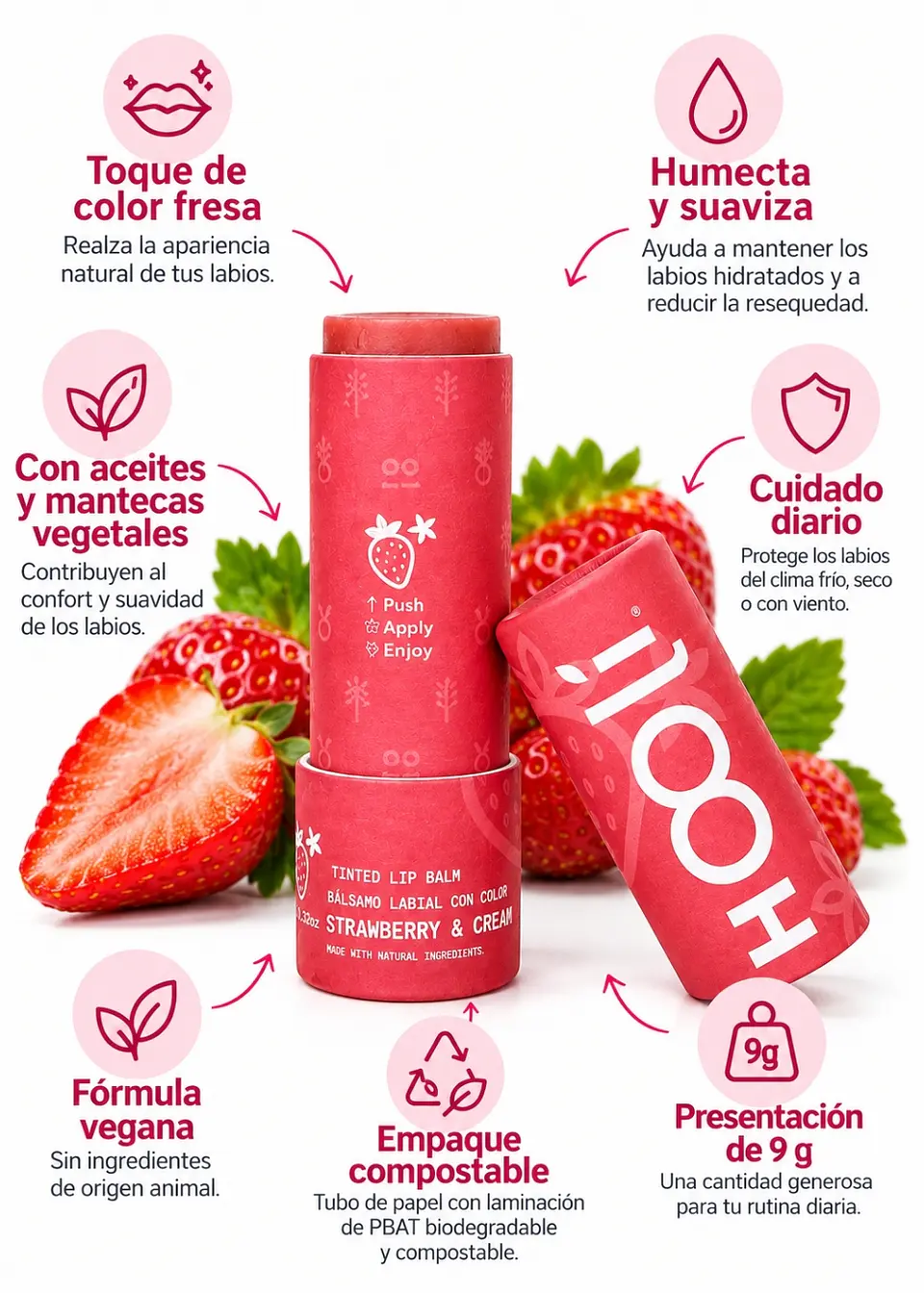 Hooli Bálsamo Labial con Color Fresa 9 g | Humectante, Vegano y Empaque Compostable 2