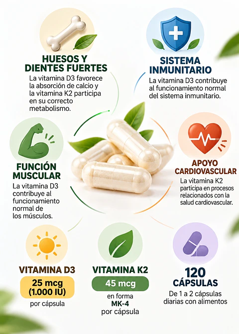 NOW Foods Vitamina D3 + K2 120 Cápsulas | Salud Ósea, Absorción de Calcio y Apoyo Inmunitario | 1000 IU + 45 mcg |Importado EE.UU. | Colombia