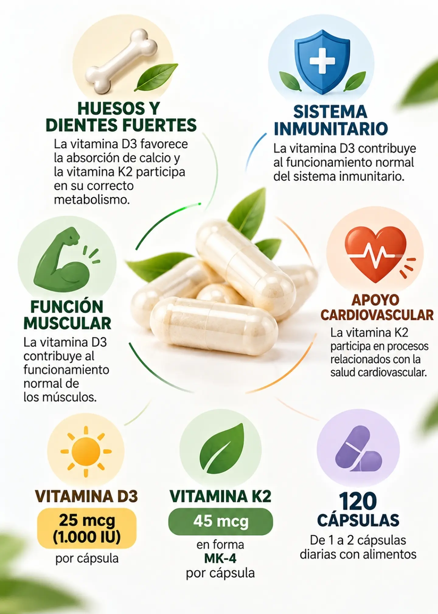 NOW Foods Vitamina D3 + K2 120 Cápsulas | Salud Ósea, Absorción de Calcio y Apoyo Inmunitario | 1000 IU + 45 mcg |Importado EE.UU. | Colombia 2