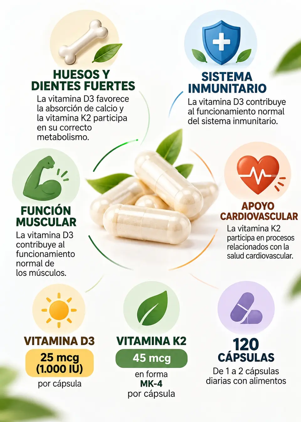 NOW Foods Vitamina D3 + K2 120 Cápsulas | Salud Ósea, Absorción de Calcio y Apoyo Inmunitario | 1000 IU + 45 mcg |Importado EE.UU. | Colombia 2