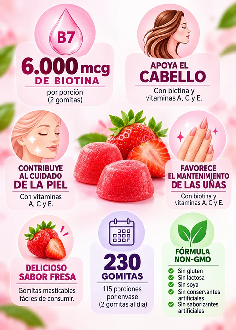 Nature’s Bounty Hair, Skin & Nails Advanced Gummies x230 | Biotina 6000 mcg, Apoyo al Cabello, Piel y Uñas | Gomitas de Belleza| Importado EE.UU.  |  Colombia