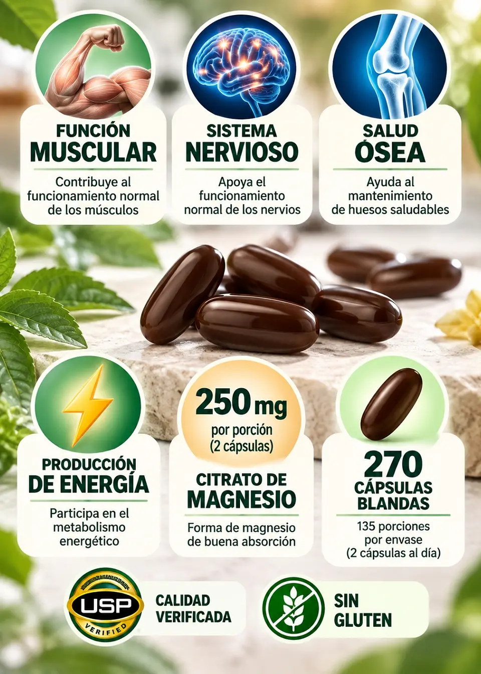 Kirkland Signature Citrato de Magnesio 250 mg x270 Cápsulas Blandas | Función Muscular, Nerviosa y Salud Ósea | Importado EE.UU | Colombia 2