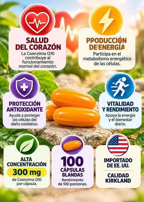 Kirkland Signature CoQ10 300 mg x100 Cápsulas Blandas | Coenzima Q10 | Energía Celular, Salud Cardiovascular y Acción Antioxidante | Importada de EE. UU. | Colombia