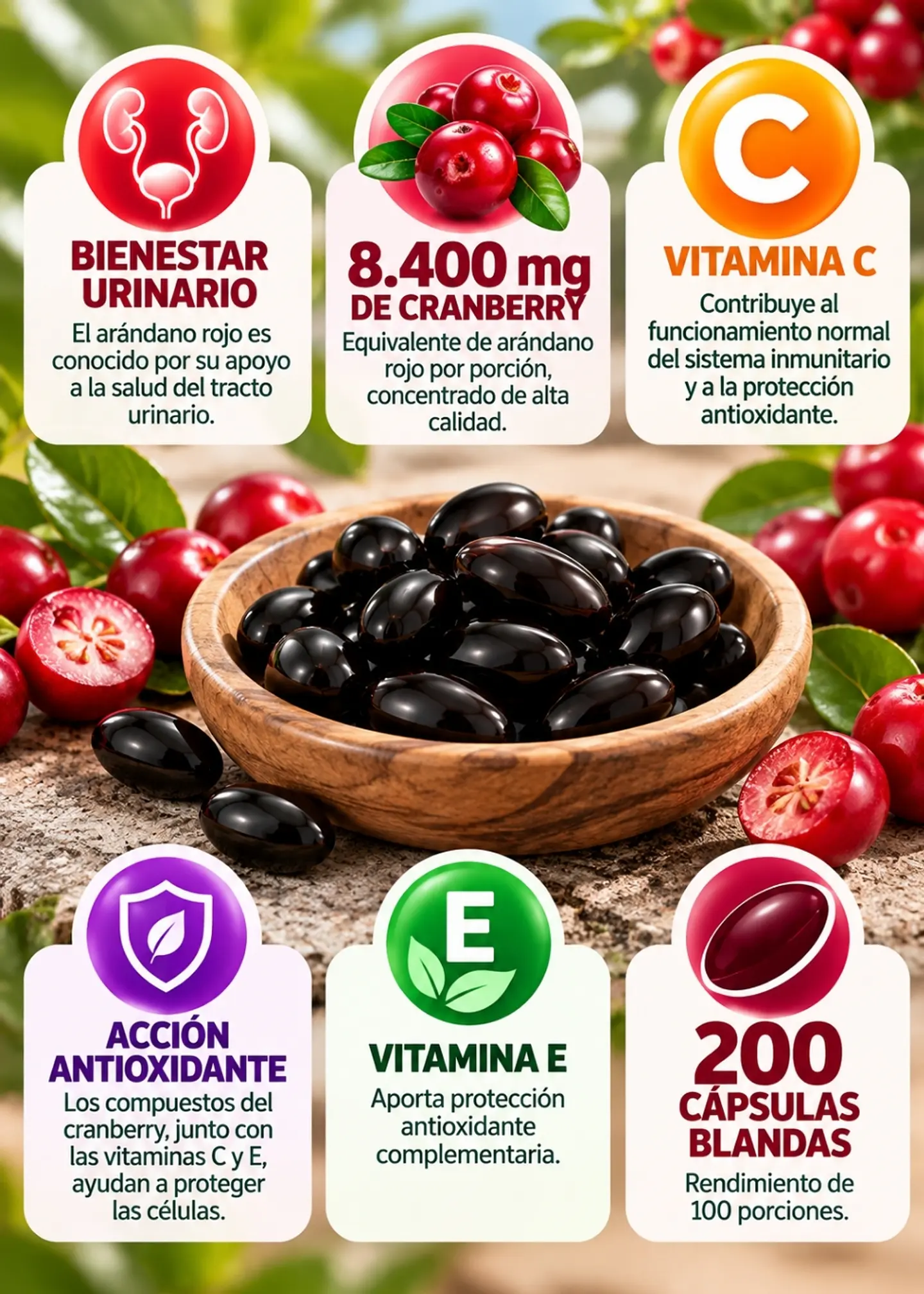 Horbäach Cranberry (Arándano Rojo) con Vitamina C 8400 mg x200 Cápsulas Blandas | Bienestar Urinario y Acción Antioxidante | Importado EE.UU. | Colombia 2