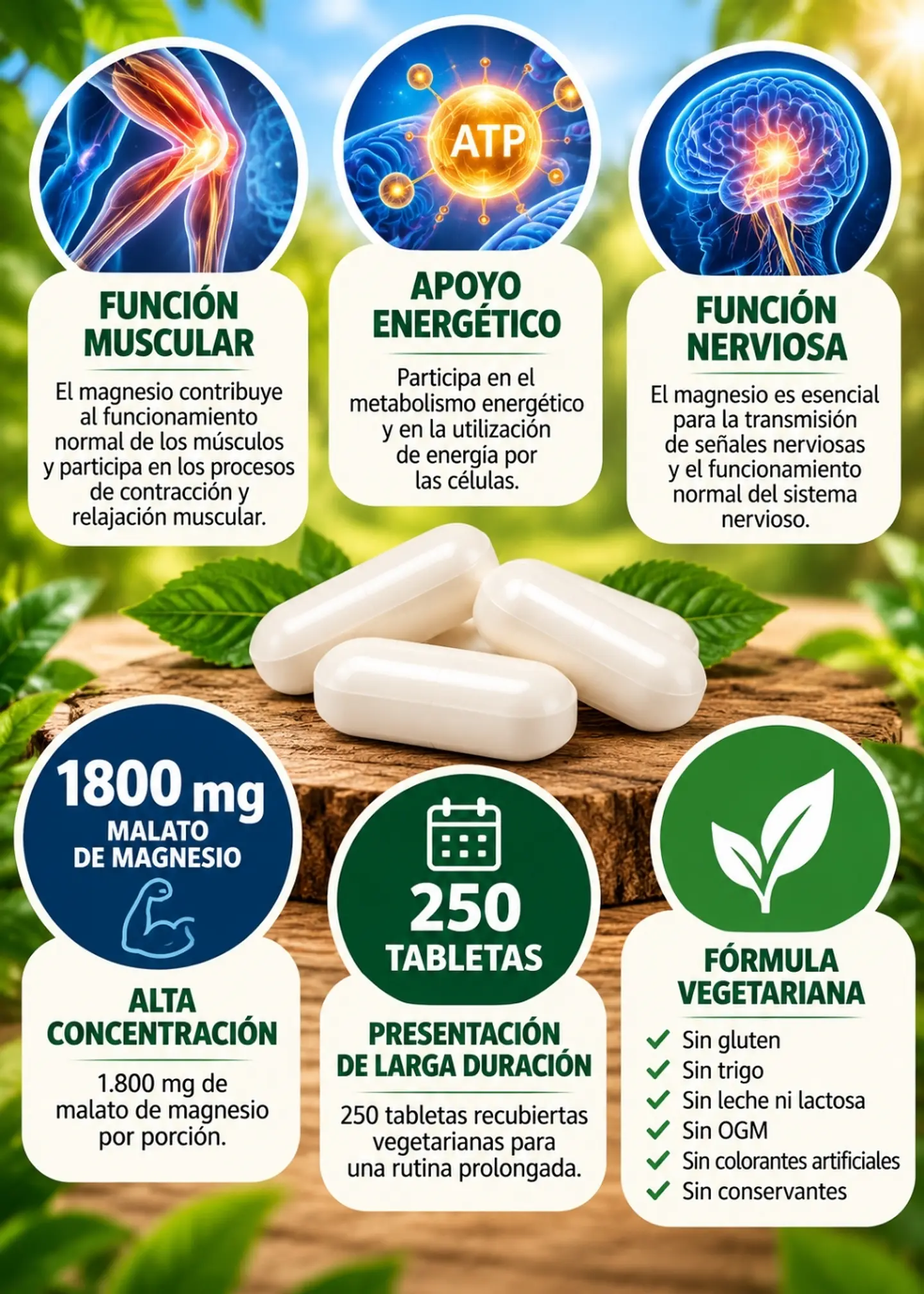 Malato de Magnesio Horbäach 1800 mg | 250 Tabletas Vegetarianas | Energía y Función Muscular | Importado de EE. UU | Colombia 2