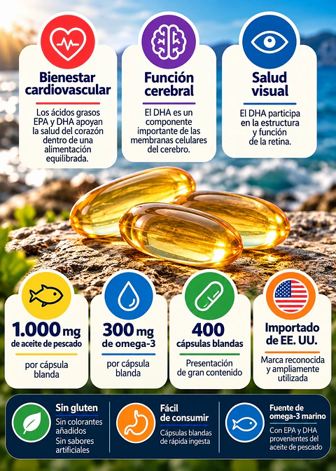 Kirkland Signature Omega-3 Fish Oil 1000 mg | 400 Cápsulas Blandas | 300 mg de Omega-3 | Bienestar Cardiovascular, Cerebral y Visual | Importado de EE. UU. | Colombia