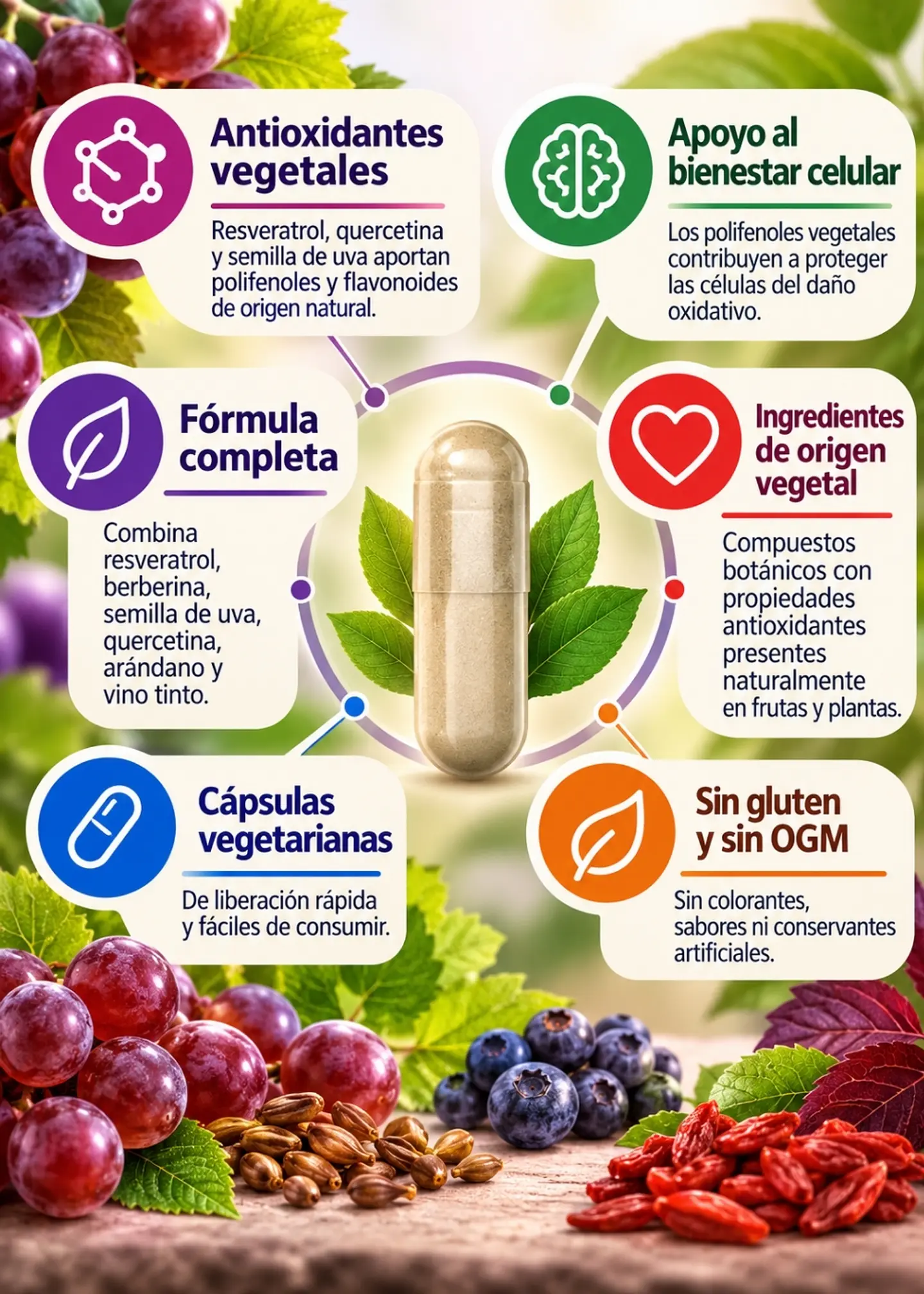 Horbäach Resveratrol + Berberina + Semilla de Uva + Quercetina | 120 Cápsulas | Complejo Antioxidante Vegetal | Importado de EE. UU. | Colombia 2