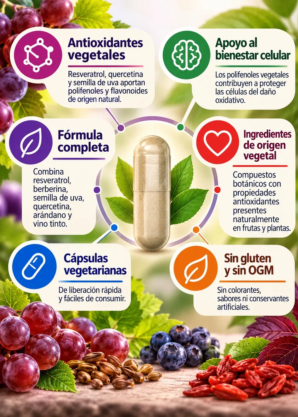 Horbäach Resveratrol + Berberina + Semilla de Uva + Quercetina | 120 Cápsulas | Complejo Antioxidante Vegetal | Importado de EE. UU. | Colombia 2