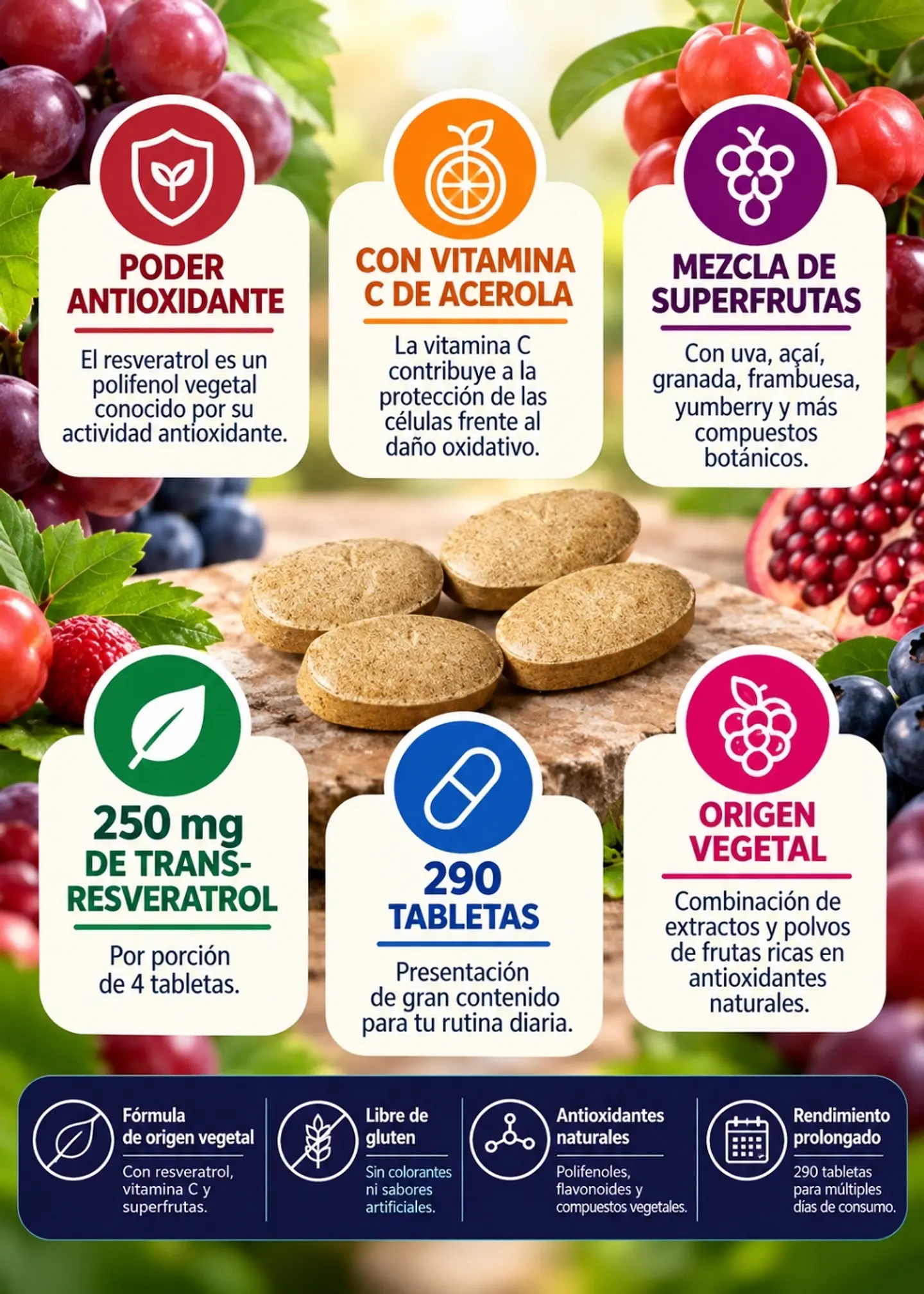 Youtheory Resveratrol 250 mg con Acerola y Superfrutas | 290 Tabletas | Apoyo Antioxidante y Bienestar Celular | Importado de EE. UU. | Colombia 2