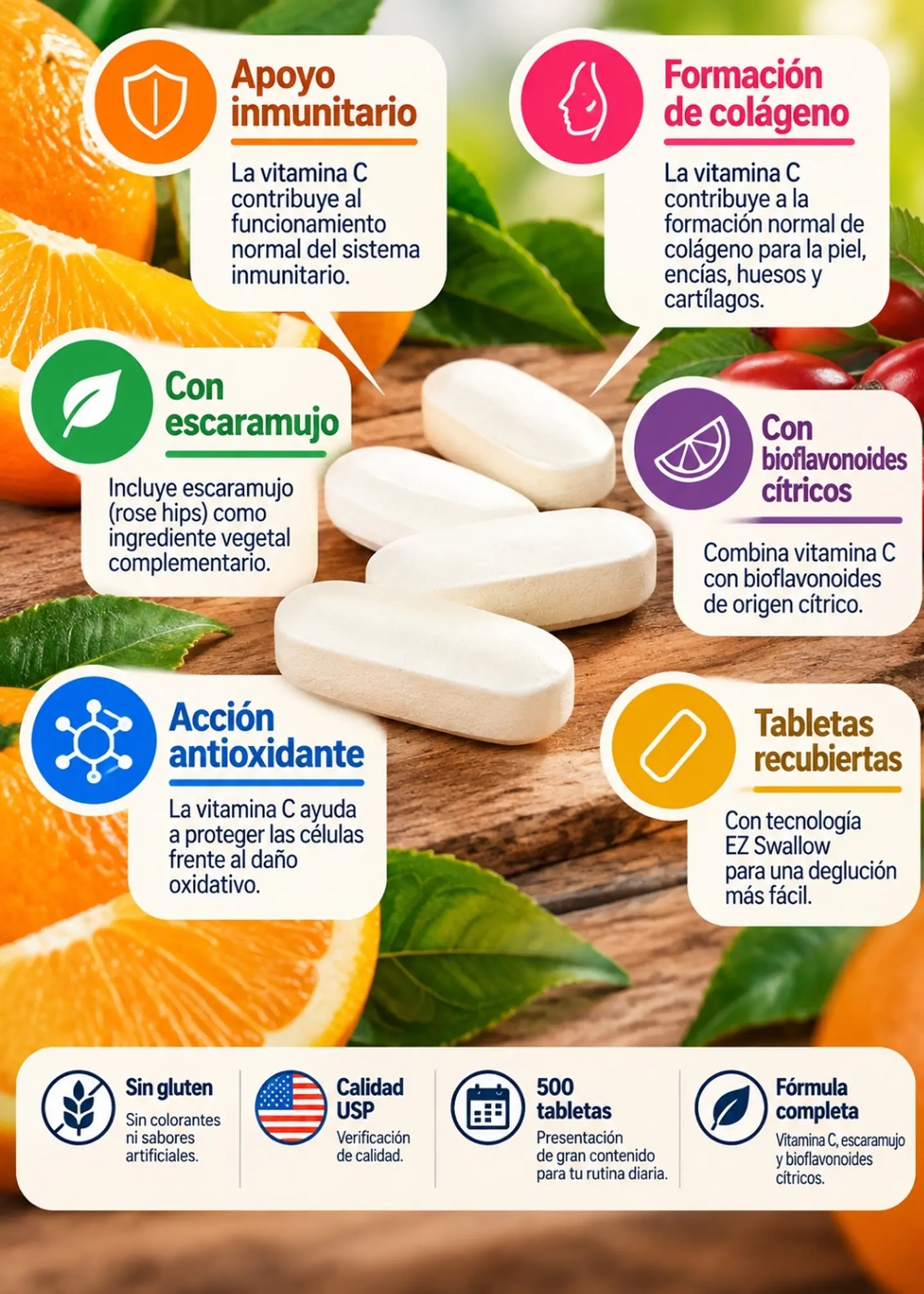 Kirkland Signature Vitamina C 1000 mg | 500 Tabletas | Con Escaramujo y Bioflavonoides Cítricos | Apoyo Inmunitario y Antioxidante | Importado de EE. UU. |Colombia 2