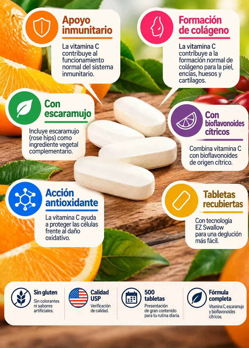 Kirkland Signature Vitamina C 1000 mg | 500 Tabletas | Con Escaramujo y Bioflavonoides Cítricos | Apoyo Inmunitario y Antioxidante | Importado de EE. UU. |Colombia 2