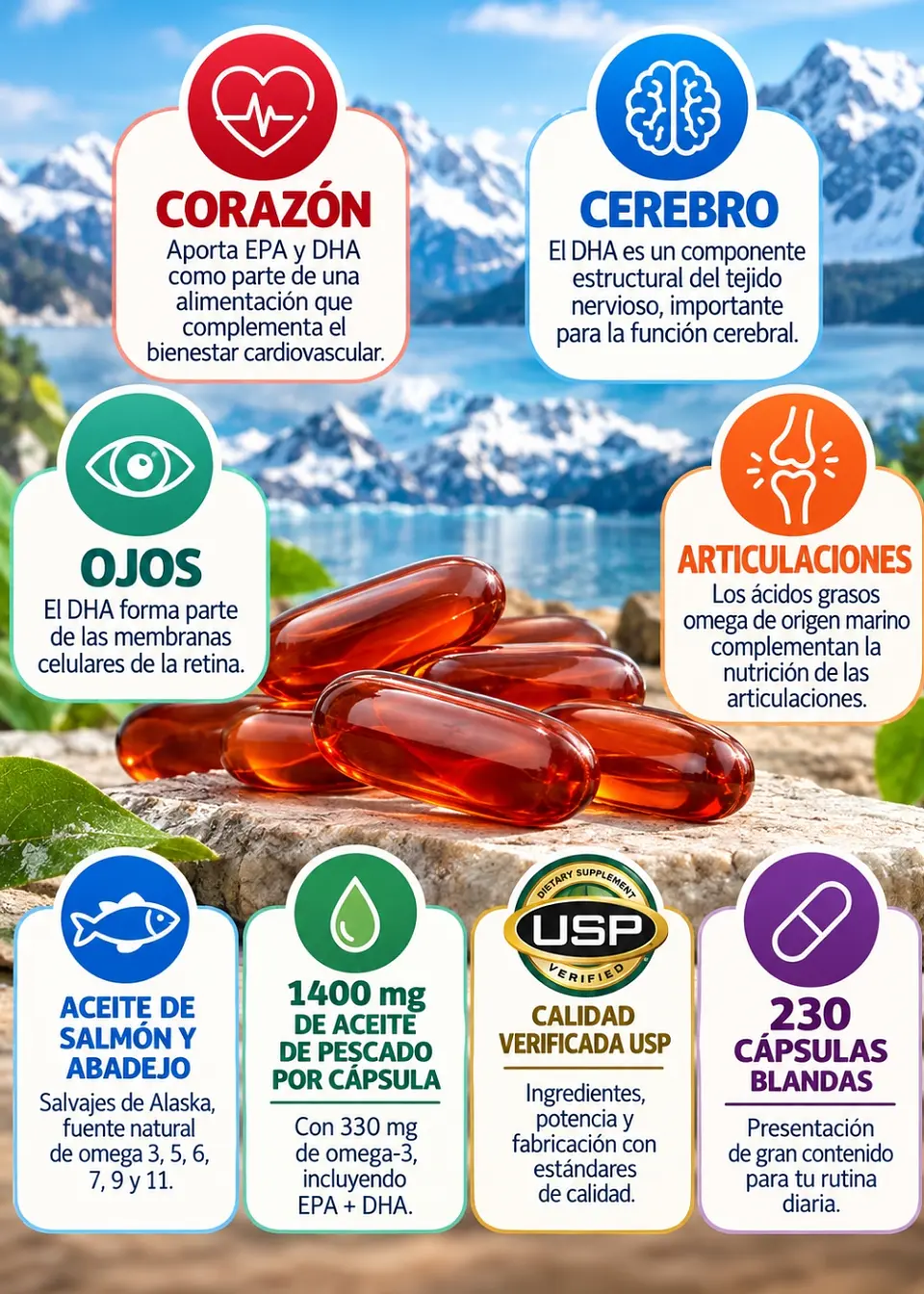 Kirkland Signature Omega 3, 5, 6, 7, 9 y 11 Wild Alaskan 1400 mg | 230 Cápsulas Blandas | Aceite de Salmón y Abadejo Salvaje de Alaska | EPA + DHA | Bienestar del Corazón, Cerebro, Ojos y Articulacion 2