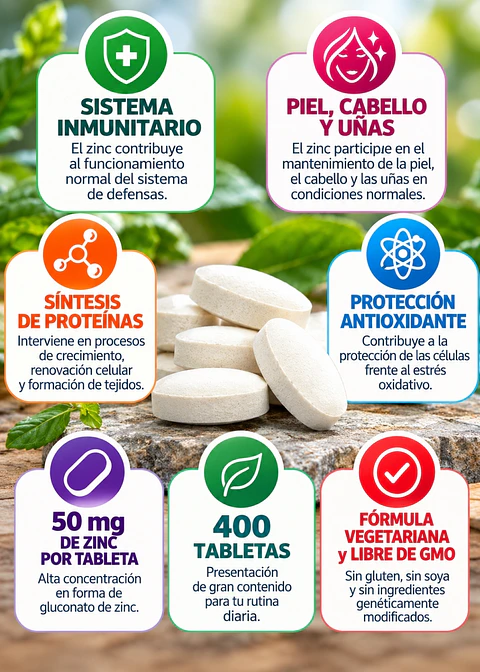 Nature’s Bounty Zinc 50 mg | 400 Tabletas | Apoyo Inmunitario, Piel, Cabello, Uñas y Protección Antioxidante | Importado EE.UU | Colombia 