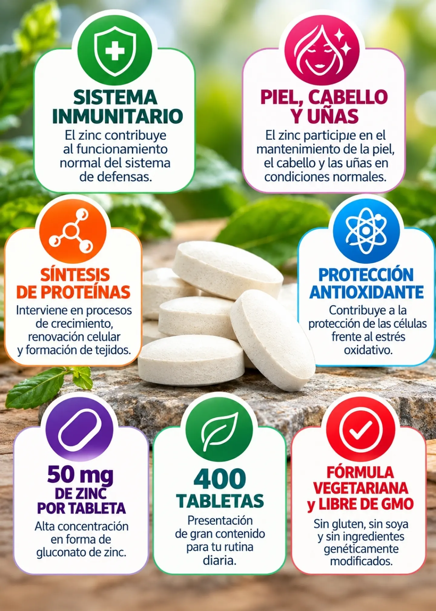 Nature’s Bounty Zinc 50 mg | 400 Tabletas | Apoyo Inmunitario, Piel, Cabello, Uñas y Protección Antioxidante | Importado EE.UU | Colombia  2