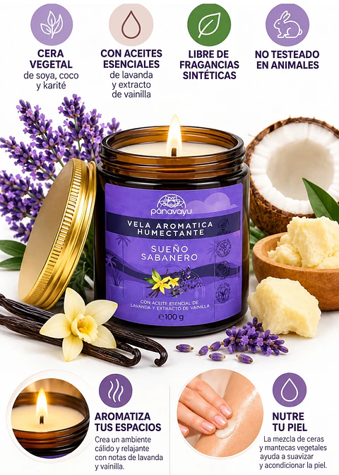 Panavayu Vela Aromática Humectante Lavanda y Vainilla 100 g | Doble Propósito: Aromatiza y Nutre la Piel | Soya, Coco y Karité | Colombia
