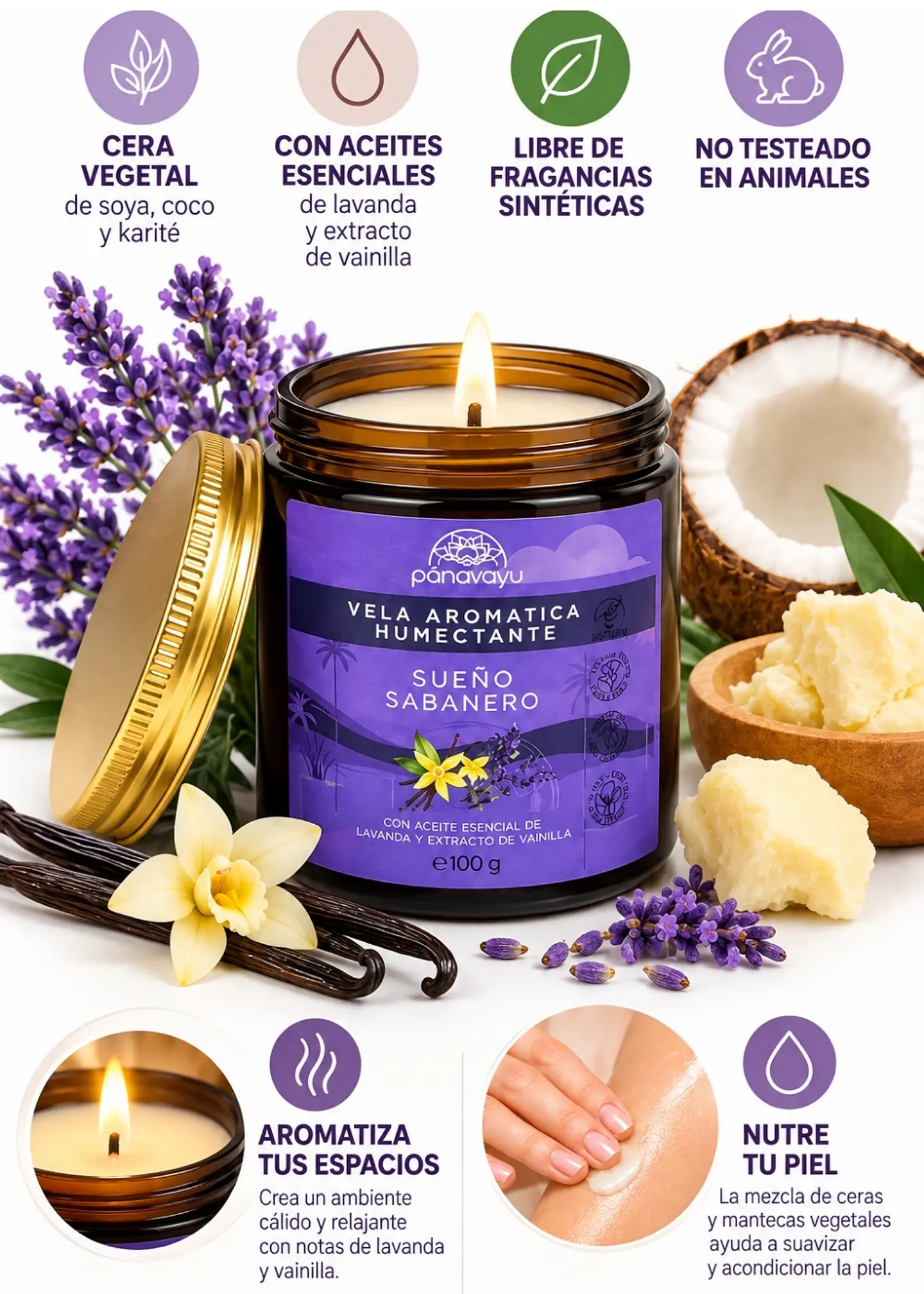 Panavayu Vela Aromática Humectante Lavanda y Vainilla 100 g | Doble Propósito: Aromatiza y Nutre la Piel | Soya, Coco y Karité | Colombia 2