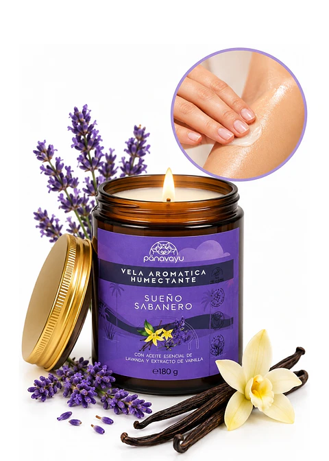 Panavayu Vela Aromática Humectante Lavanda y Vainilla 180 g | Doble Propósito: Aromatiza y Nutre la Piel | Soya, Coco y Karité | Colombia