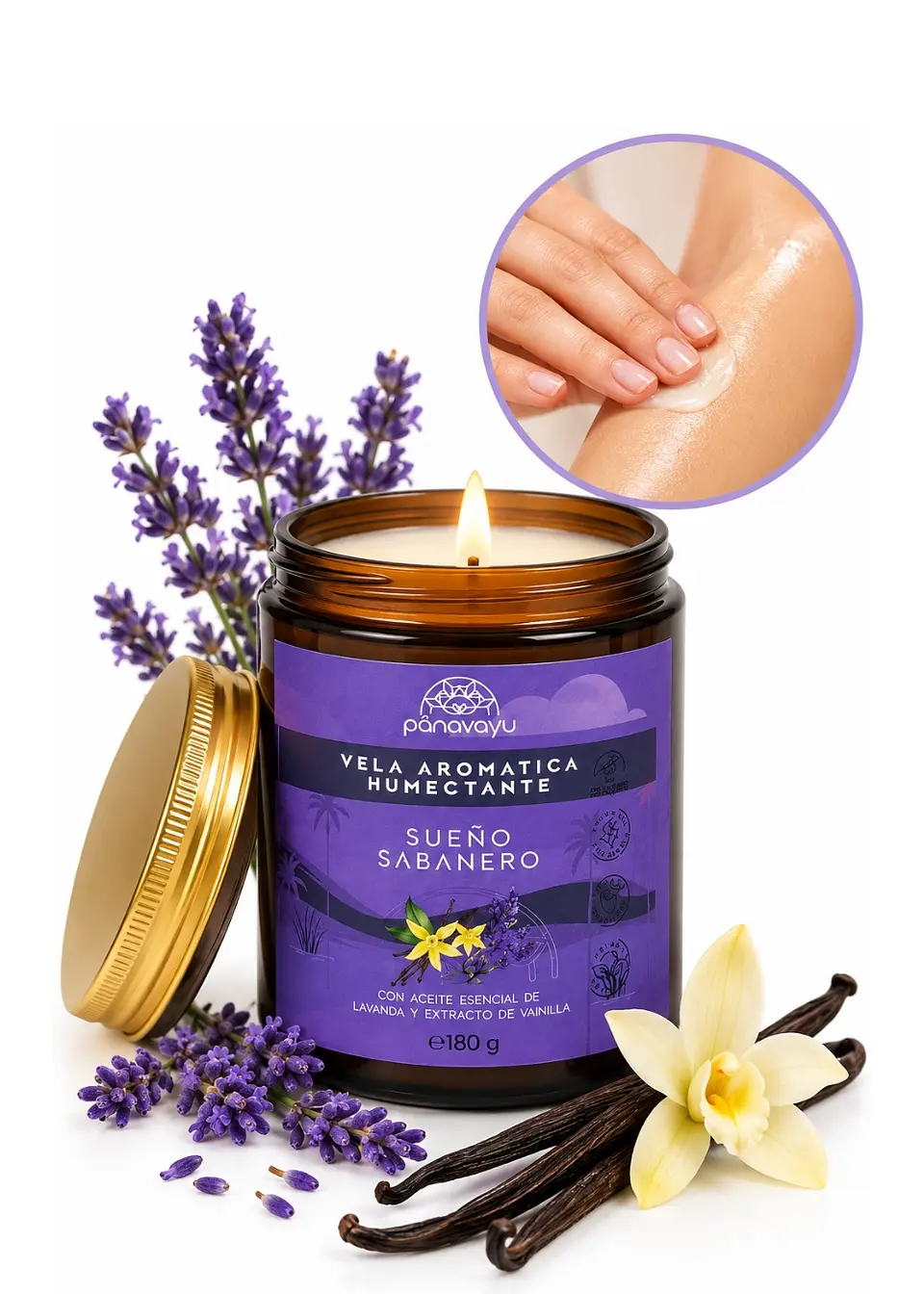 Panavayu Vela Aromática Humectante Lavanda y Vainilla 180 g | Doble Propósito: Aromatiza y Nutre la Piel | Soya, Coco y Karité | Colombia 1
