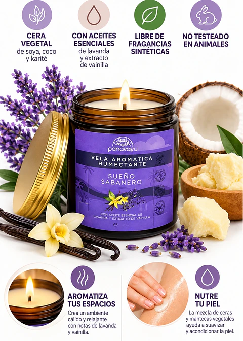 Panavayu Vela Aromática Humectante Lavanda y Vainilla 180 g | Doble Propósito: Aromatiza y Nutre la Piel | Soya, Coco y Karité | Colombia